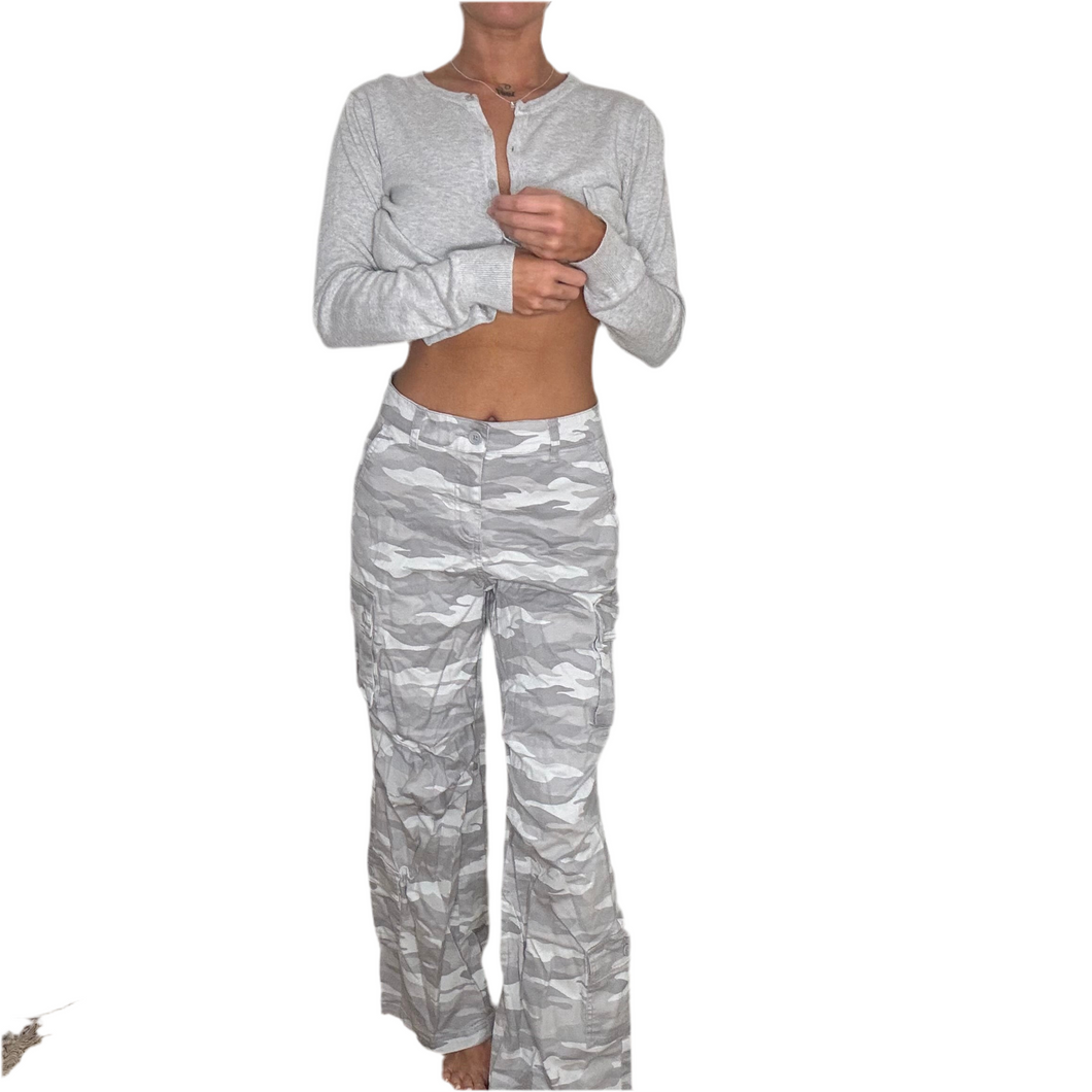 white gray camo cargo wide leg pants