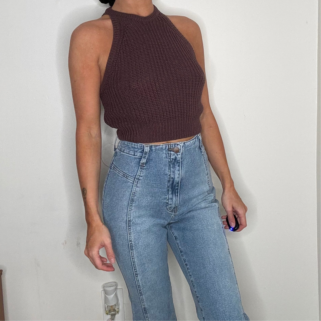 brown high neck sleeveless knit racerback crop top
