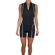 Load image into Gallery viewer, black reflective athletic zip up bodycon romper play suit
