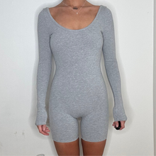 Load image into Gallery viewer, gray ribbed long sleeve bodycon compression romper play suit
