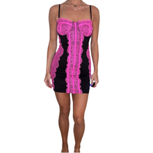 Load image into Gallery viewer, hot pink black lace trim bodycon dress
