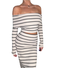 Load image into Gallery viewer, cream black striped bardot long sleeve crop top maxi skirt set
