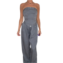 Load image into Gallery viewer, gray strapless pinstripe wide leg pantsuit set

