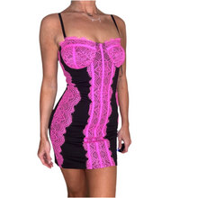 Load image into Gallery viewer, hot pink black lace trim bodycon dress
