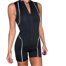 Load image into Gallery viewer, black reflective athletic zip up bodycon romper play suit
