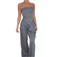 Load image into Gallery viewer, gray strapless pinstripe wide leg pantsuit set
