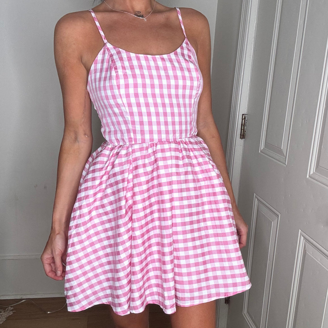 pink white checkered gingham a line dress