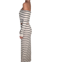 Load image into Gallery viewer, cream black striped bardot long sleeve crop top maxi skirt set
