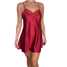 Load image into Gallery viewer, red satin lace trim slip dress
