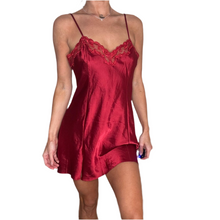 Load image into Gallery viewer, red satin lace trim slip dress
