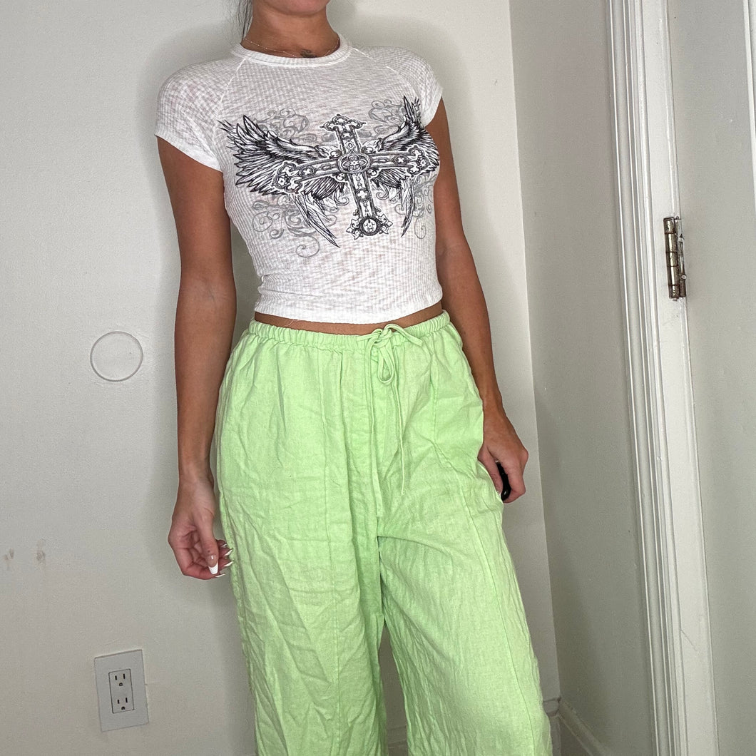pastel green drawstring linen pants